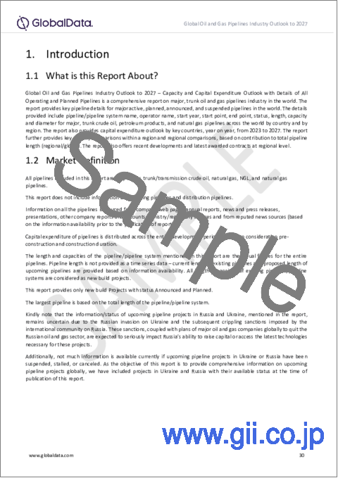 サンプル2：石油・ガスパイプライン産業：2027年までの稼働中および計画中の全パイプラインの詳細を含む、容量別・設備投資額別の見通し
