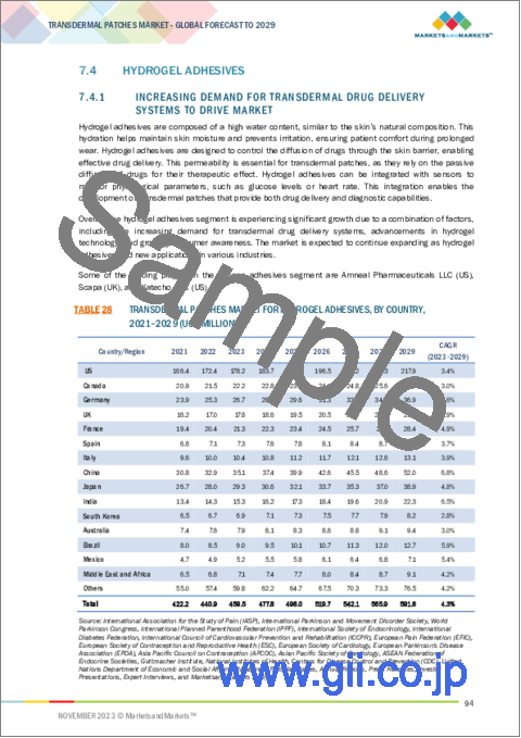 サンプル2：経皮吸収パッチの世界市場：タイプ別、粘着剤別、用途別、流通チャネル別、エンドユーザー別 - 予測（～2029年）