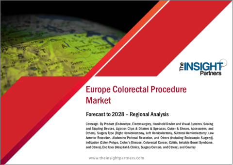 表紙：大腸施術の欧州市場の2028年までの予測- 地域別分析- 製品別、外科手術タイプ別、適応症別、エンドユーザー別