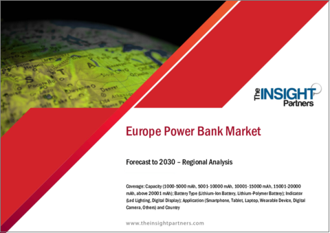 表紙：欧州のパワーバンク市場の2028年予測- 地域別分析- 容量別、バッテリータイプ別、インジケーター別、用途別