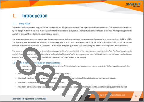 サンプル1：アジア太平洋地域のペット用サプリメント市場の2028年までの予測- 地域別分析- 剤形別、ペットタイプ別、流通チャネル別