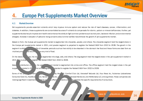 サンプル2：欧州のペット用サプリメント市場、2028年までの予測- 地域別分析- 剤形別、ペットタイプ別、流通チャネル別