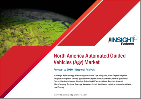 表紙：北米のAGV（無人搬送車）市場の2030年までの予測- 地域別分析- 技術、車両タイプ、エンドユーザー別