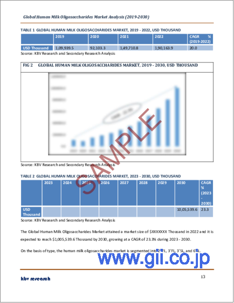 サンプル1：HMO（ヒトミルクオリゴ糖）の世界市場規模、シェア、産業動向分析レポート：用途別、タイプ別、濃度別、地域別展望と予測、2023年～2030年