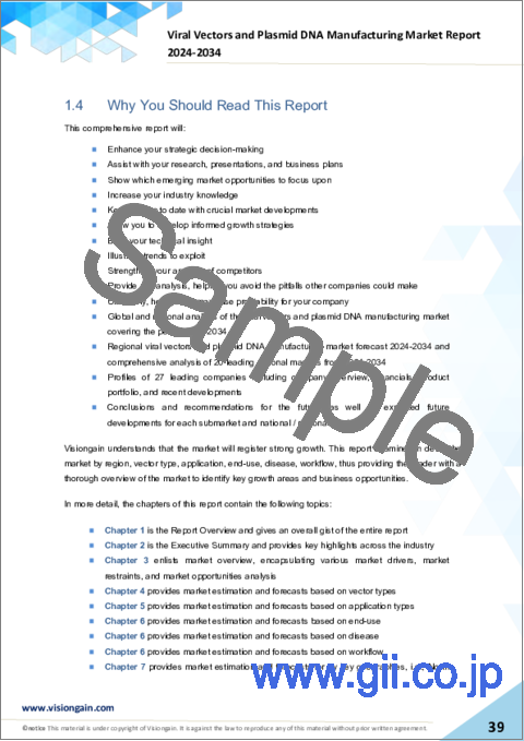 サンプル1：ウイルスベクターおよびプラスミドDNA製造の世界市場：2024-2034年