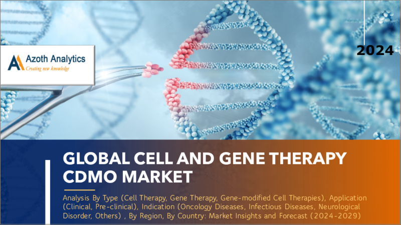 表紙：細胞・遺伝子治療CDMOの世界市場（2024年版）：タイプ別、用途別、適応症別、地域別、国別の分析、市場考察、予測（2024年～2029年）