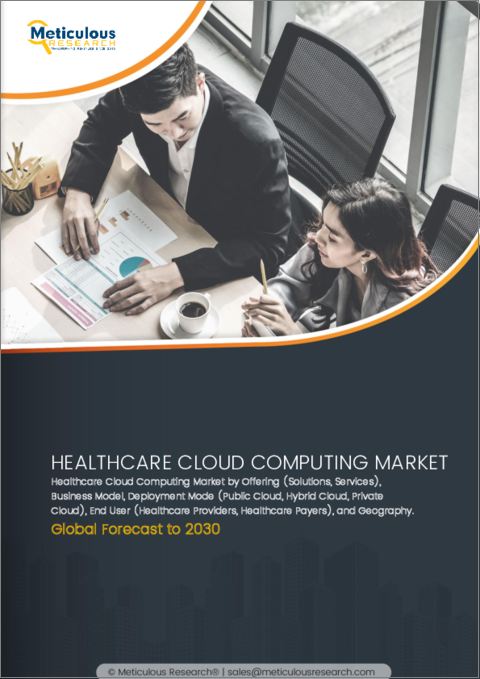 表紙：ヘルスケアクラウドコンピューティングの世界市場：提供別、ビジネスモデル別、展開モード別、エンドユーザー別、地域別 - 予測（～2030年）