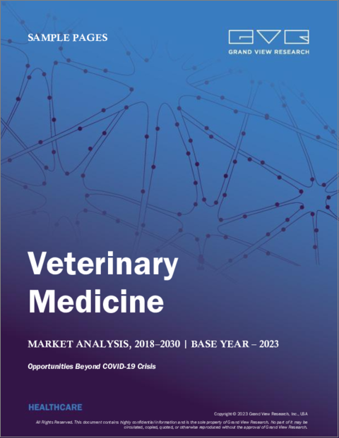 表紙：動物用医薬品の市場規模、シェア、動向分析レポート：製品タイプ別、動物タイプ別、投与経路別、流通チャネル別、地域別、セグメント別予測、2024年～2030年