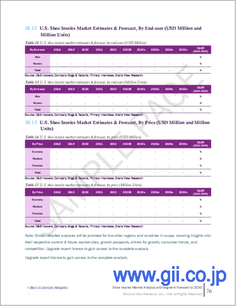 サンプル2：シューインソール市場規模、シェア、動向分析レポート：用途別、材料別、最終用途別、価格別、タイプ別、地域別、セグメント予測、2024年～2030年
