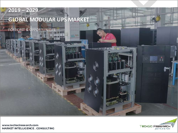 表紙：モジュラー型UPS市場- 世界の産業規模、シェア、動向、機会、予測：電力容量別、エンドユーザー別、地域別、競合別、2018-2028年