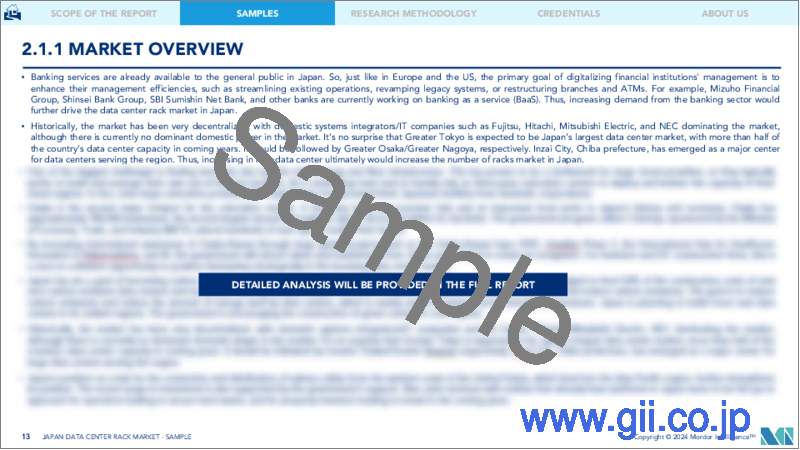 サンプル2：日本のデータセンターラック：市場シェア分析、産業動向、統計データ、2024年～2030年の成長予測