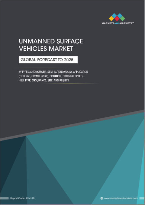 表紙：無人サーフェスビークル（USV）の世界市場：用途別（防衛、商用）、ソリューション別、タイプ別（自律型サーフェスビークル、半自律型サーフェスビークル）、システム別、巡航速度別、船体タイプ別、耐久性別、サイズ別、地域別-2028年までの予測