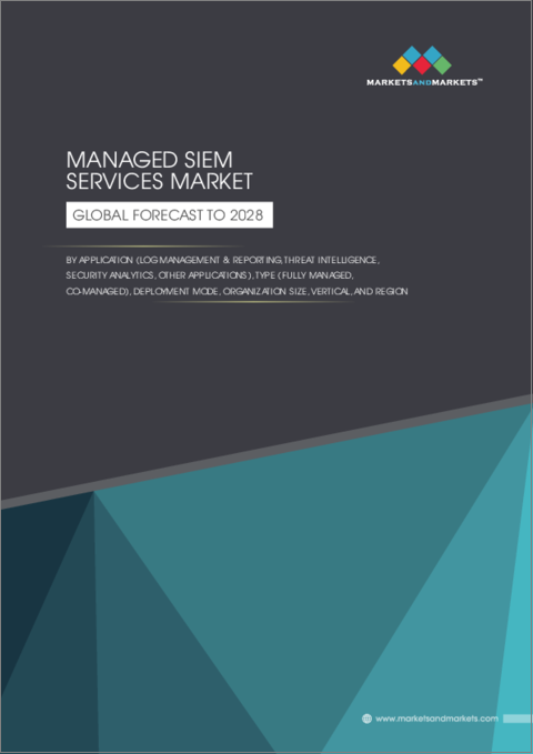 表紙：マネージドSIEMサービスの世界市場：用途別（ログ管理・レポーティング、脅威インテリジェンス、セキュリティ分析）、タイプ別（フルマネージド、コマネージド）、展開形態別、組織規模別、業界別、地域別-2028年までの予測
