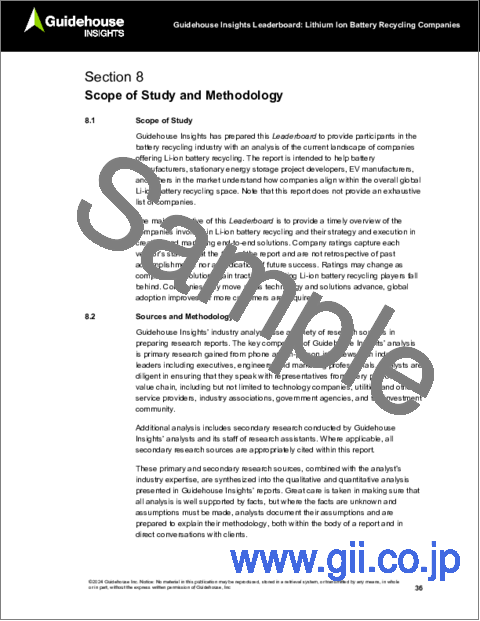 サンプル2：Guidehouse Insights Leaderboard Report - リチウムイオン電池リサイクル企業：リチウムイオン電池リサイクル企業11社の戦略と実行力の評価