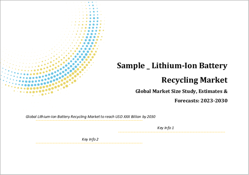 表紙：リチウムイオン電池リサイクルの世界市場規模調査・予測：化学物質別、供給源別、プロセス別、地域別分析、2023-2030年