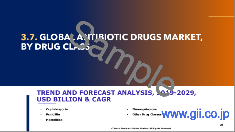 サンプル1：抗生剤の世界市場（2024年版）：薬剤クラス別、スペクトラム別、適応症別、地域別、国別の分析、市場考察、予測（2019年～2029年）