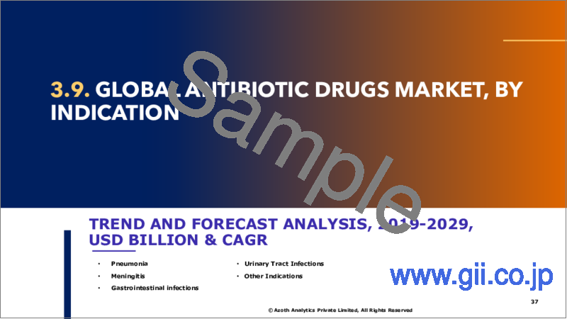 サンプル2：抗生剤の世界市場（2024年版）：薬剤クラス別、スペクトラム別、適応症別、地域別、国別の分析、市場考察、予測（2019年～2029年）