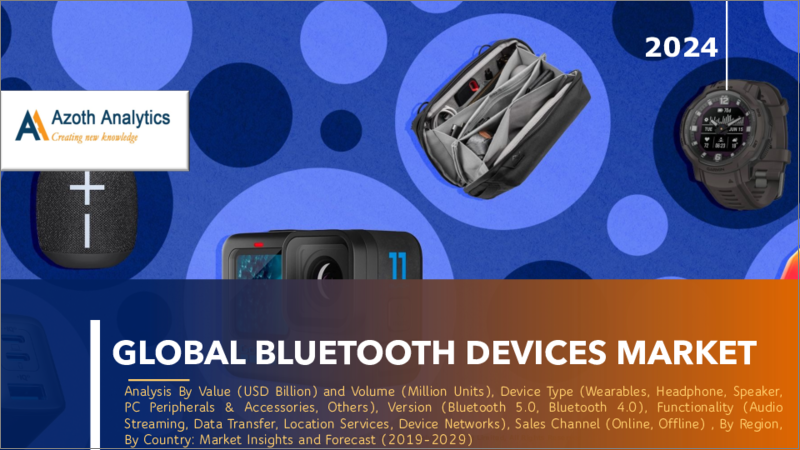 表紙：Bluetoothデバイスの世界市場：金額/数量別、デバイスタイプ別、Bluetoothバージョン別、機能別、販売チャネル別、地域別、国別の分析、市場考察、予測