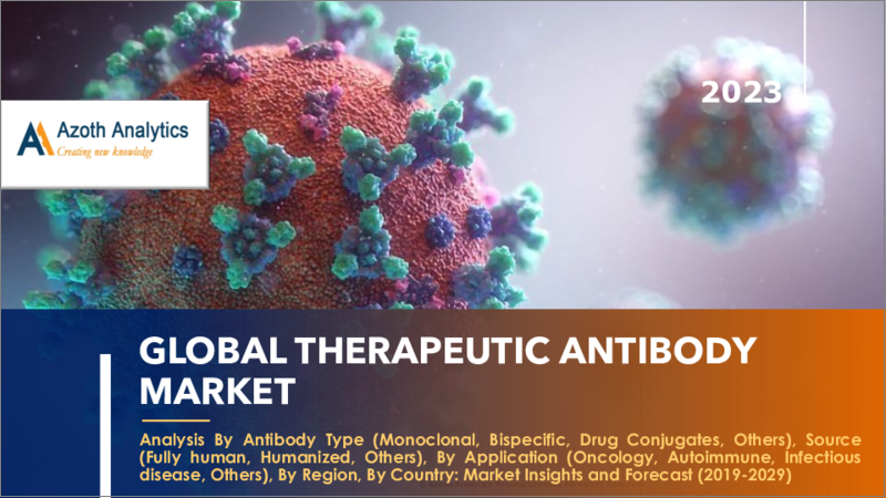 表紙：治療用抗体の世界市場（2023年版）：抗体タイプ別、由来別、用途別、地域別、国別の分析、市場考察、予測（2019年～2029年）