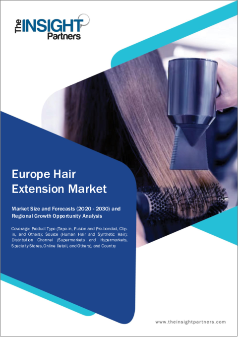 表紙：欧州のヘアエクステンション市場2030年までの予測-地域別分析：製品タイプ、原料、流通チャネル別