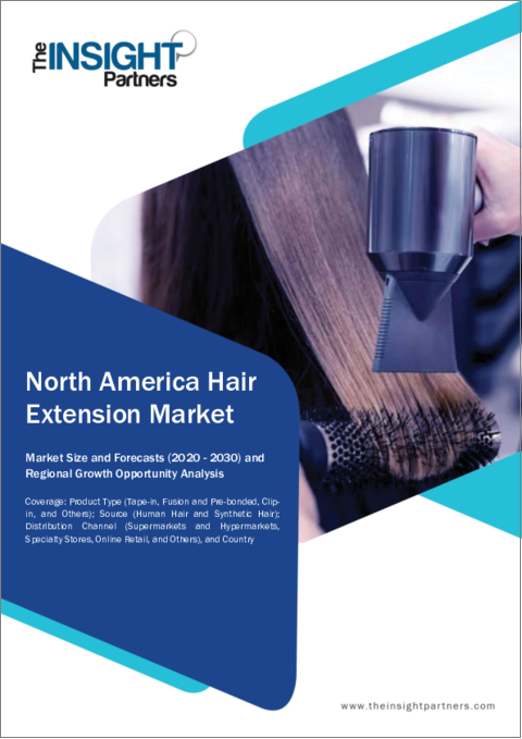 表紙：北米のヘアエクステンション市場の2030年予測-地域別分析：製品タイプ、原料、流通チャネル別