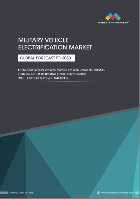 表紙：軍用車両の電動化の世界市場：プラットフォーム別（戦闘車両、支援車両、無人装甲車）、システム別、技術別（ハイブリッド、完全電動）、動作モード別、電圧タイプ別、地域別 - 2030年までの予測