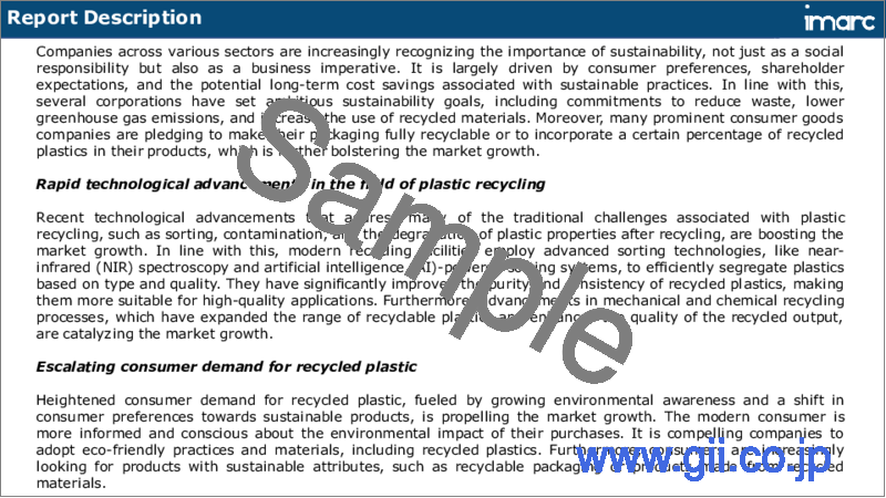 サンプル1：再生プラスチック市場レポート：プラスチックタイプ、用途、原材料、地域別、2024年～2032年