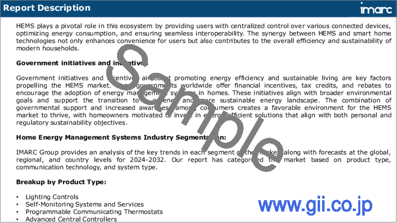 サンプル1：HEMS（ホームエネルギーマネジメントシステム）市場レポート：製品タイプ、通信技術、システムタイプ、地域別、2024年～2032年
