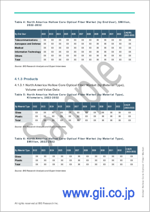 サンプル2：中空コア光ファイバー市場- 世界および地域別分析：エンドユーザー別、材料タイプ別、地域別 - 分析と予測（2023年～2032年）
