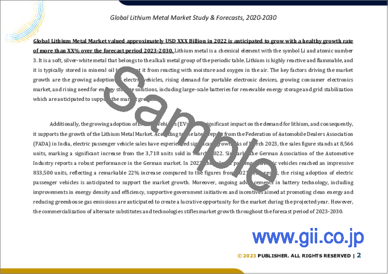 サンプル1：リチウム金属の世界市場規模調査＆予測、用途別、供給源別、地域別分析 2023-2030年