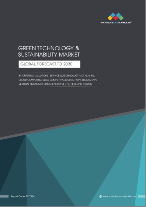 表紙：グリーン技術および持続可能性の世界市場：提供区分 (ソリューション・サービス)・技術 (IoT・Al&ML・クラウドコンピューティング・エッジコンピューティング・デジタルツイン・ブロックチェーン)・産業 (製造・エネルギー・ユーティリティ)・地域別- 予測（～2030年）
