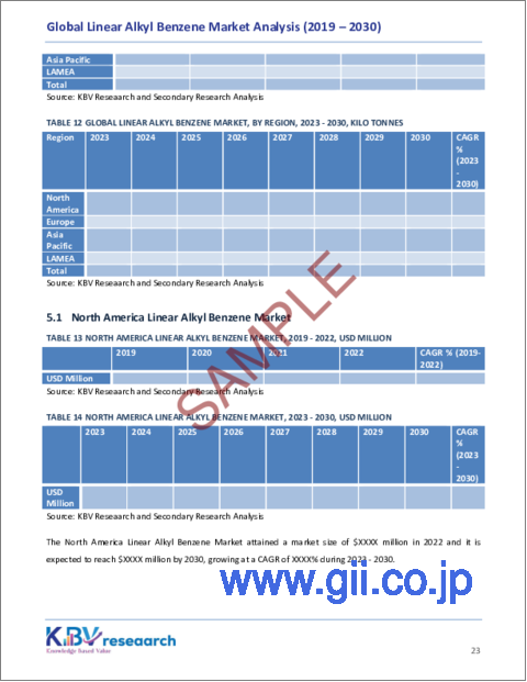 サンプル2：直鎖アルキルベンゼンの世界市場規模、シェア、動向分析レポート：用途別、地域別展望、予測、2023年～2030年