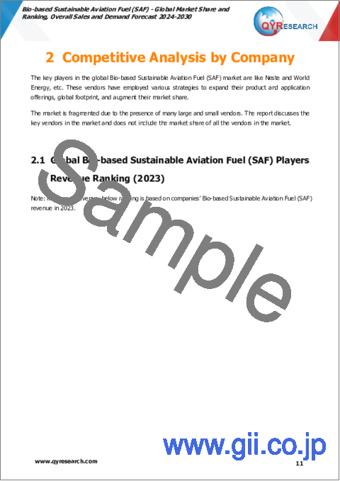 サンプル1：バイオベースSAF（持続可能な航空燃料）の世界市場 - 市場シェアとランキング、全体の売上、需要予測（2024年～2030年）