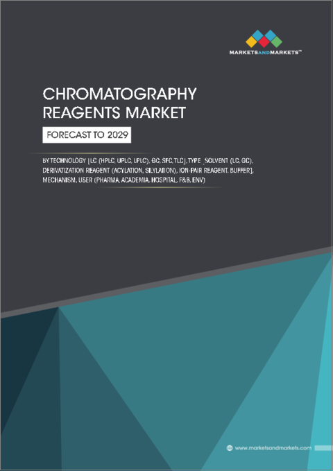 表紙：クロマトグラフィー試薬の世界市場：技術、タイプ (溶媒・誘導体化試薬・イオンペア試薬・バッファー)、メカニズム、ユーザー別 - 予測（～2029年）