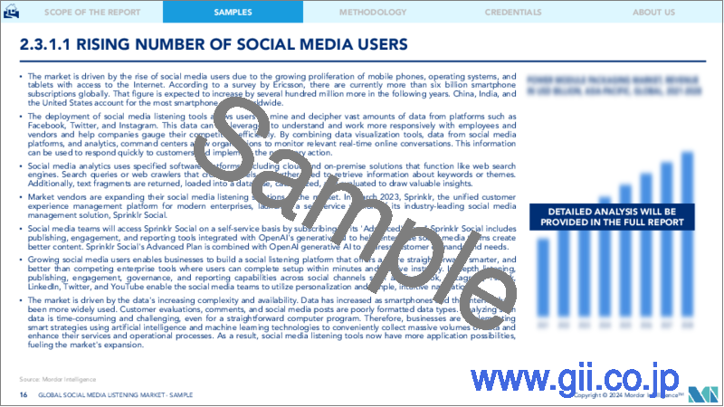サンプル2：ソーシャルメディアリスニング：市場シェア分析、業界動向と統計、成長予測（2024～2029年）