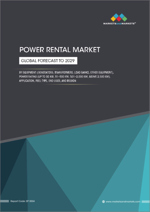 表紙：電力レンタルの世界市場 (～2029年)：燃料タイプ (ディーゼル・天然ガス)・機器 (発電機・トランスフォーマー・ロードバンク)・定格電力 (50kW以下・51～500kW・501～2,00kW・2,500kW超)・用途・エンドユーザー・地域別