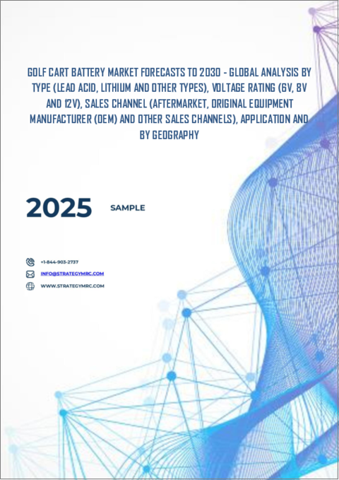 表紙：ゴルフカート用バッテリー市場の2030年までの予測： タイプ別、定格電圧別、販売チャネル別、用途別、地域別の世界分析