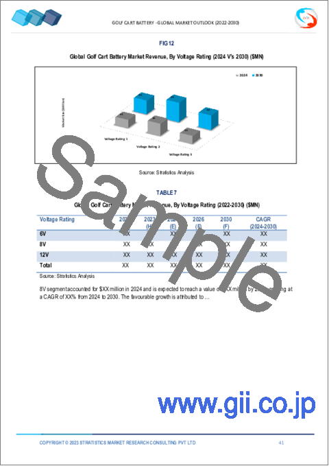サンプル2：ゴルフカート用バッテリー市場の2030年までの予測： タイプ別、定格電圧別、販売チャネル別、用途別、地域別の世界分析