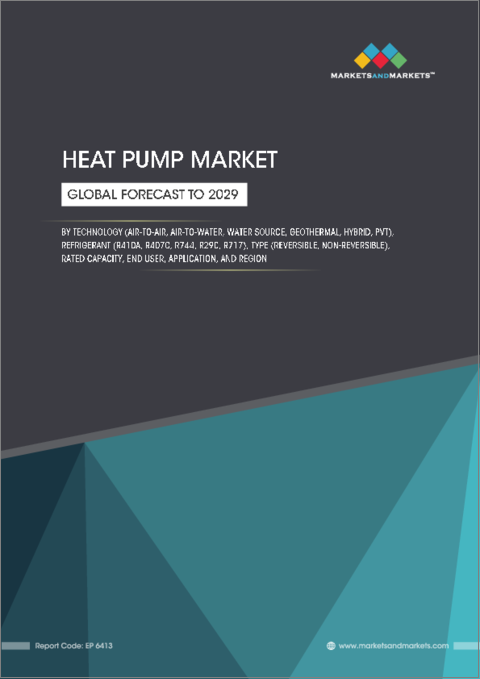 表紙：ヒートポンプの世界市場：技術 (空対空・空対水・水源・地熱・ハイブリッド・PVT)・冷媒別、タイプ別、定格容量別、エンドユーザー別、用途別、地域別 - 予測（～2029年）