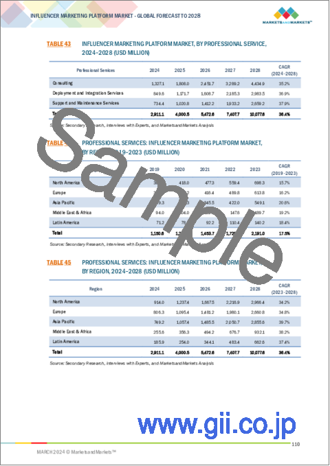 サンプル2：インフルエンサーマーケティングプラットフォームの世界市場：提供区分別、用途別、マーケティングタイプ別、エンドユーザー別、地域別 - 予測（～2028年）