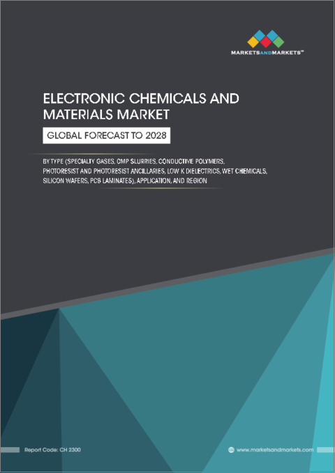 表紙：電子工業用薬品および材料の世界市場：タイプ (特殊ガス・CMPスラリー・導電性ポリマー・フォトレジスト用化学品・低誘電率誘電体・ウエハ・PCBラミネート)・用途・地域別 - 予測（～2028年）