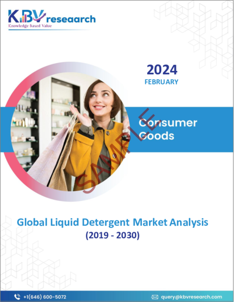 表紙：液体洗剤の世界市場規模、シェア、動向分析：性質別、用途別、最終用途別、販売チャネル別、地域別展望と予測（2023年～2030年）