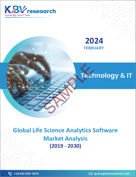 表紙：ライフサイエンス分析ソフトウェアの世界市場規模、シェアおよび動向分析レポート、コンポーネント別、製品別、エンドユーザー別、配信モデル別、用途別、地域別の見通しおよび予測、2023年から2030年