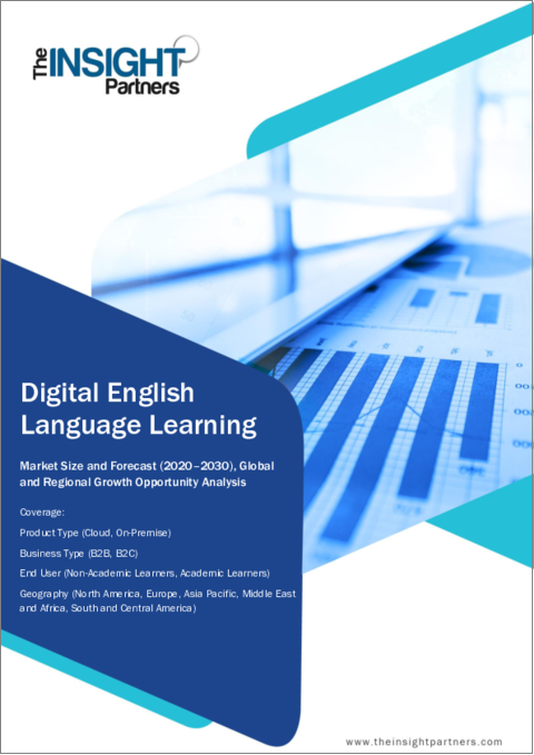 表紙：デジタル英語学習 - 市場規模と予測、世界および地域のシェア、動向、成長機会分析レポート：製品タイプ別、ビジネスタイプ別、エンドユーザー別、地域別