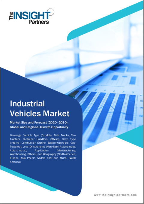 表紙：産業車両 - 市場規模と予測、世界および地域のシェア、動向、成長機会分析レポート：タイプ別、駆動タイプ別、自律性レベル別、用途別、地域別
