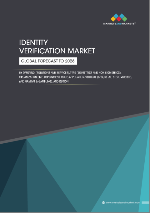 表紙：本人確認の世界市場：提供区分 (ソリューション・サービス)・タイプ (バイオメトリック・非バイオメトリック)・組織規模・展開モード・用途・産業 (BFSI・小売&eコマース・ゲーム&ギャンブル)・地域別 - 予測（～2028年）