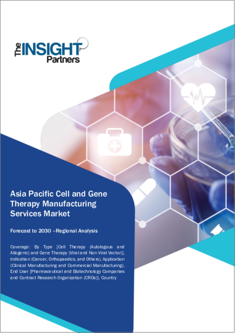 表紙：アジア太平洋地域の細胞・遺伝子治療製造サービス市場の2030年までの予測-地域別分析-タイプ別、適応症別、用途別、エンドユーザー別
