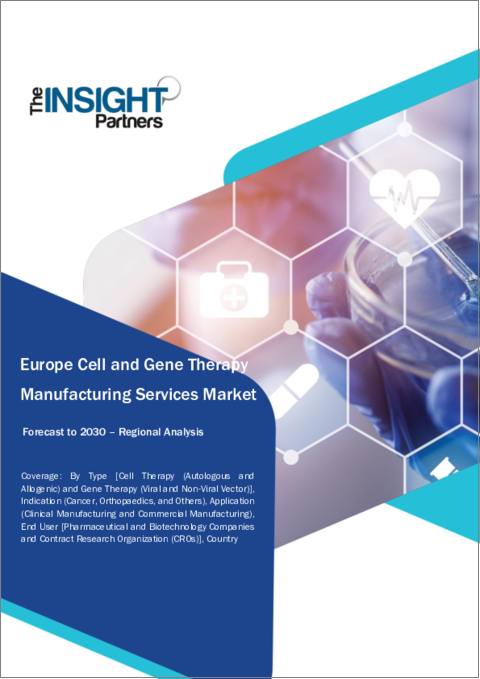 表紙：欧州の細胞・遺伝子治療製造サービス市場の2030年までの予測-地域別分析-タイプ別、適応症別、用途別、エンドユーザー別