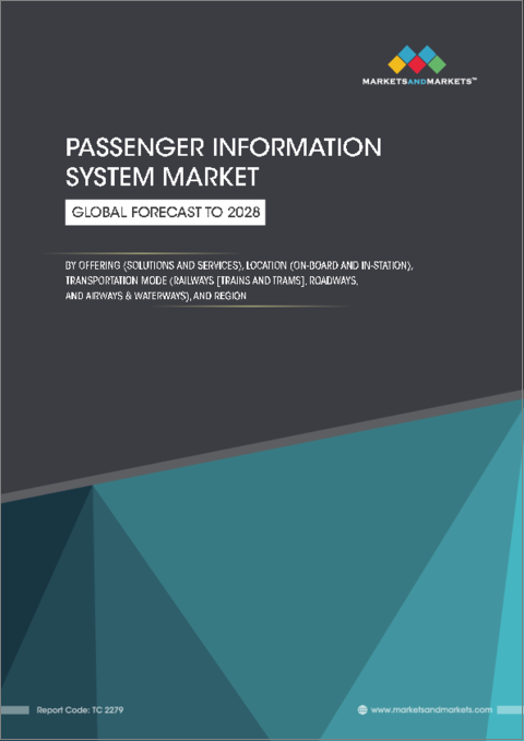 表紙：旅客情報システム (PIS) の世界市場：提供区分 (ソリューション・サービス)・ロケーション (機内/車内/船内・駅構内)・輸送モード (鉄道 (電車・路面電車)・道路・空路&水路)・地域別 - 予測（～2028年）