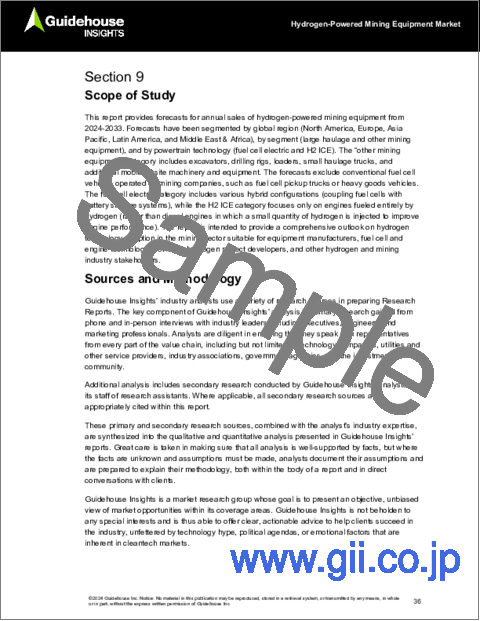 サンプル2：水素動力式鉱山機械の世界市場 - 燃料電池型電動式および水素燃焼エンジン式の鉱山機械：世界の装置納入台数と収益予測 (2024～2033年)